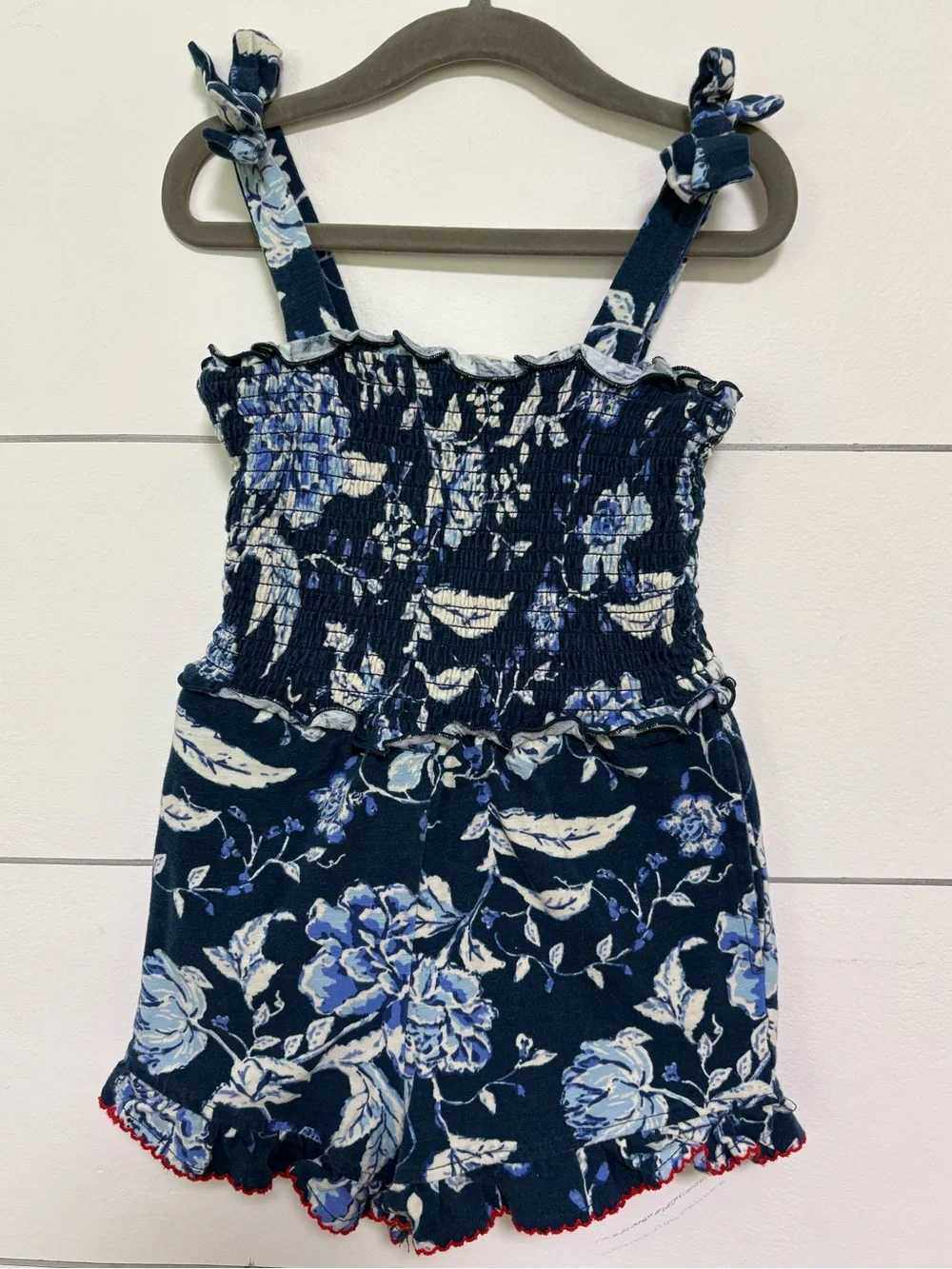 Matilda Jane Girls Blue Floral Smocked Romper Size 6 Ruffle